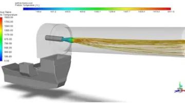 Obrázek 6: Trajektorie částic uhlí a vzniklých popelovin včetně izoplochy prchaviny