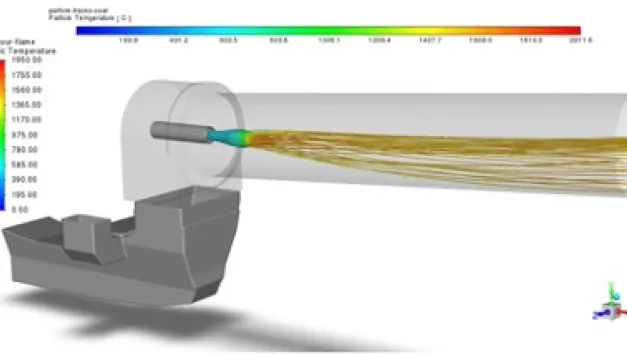 Obrázek 6: Trajektorie částic uhlí a vzniklých popelovin včetně izoplochy prchaviny